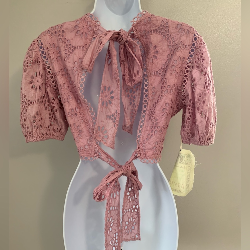 NWT Aratta Lace Crochet Puff Sleeve Crop Top - Dusty Rose - Picture 2 of 16